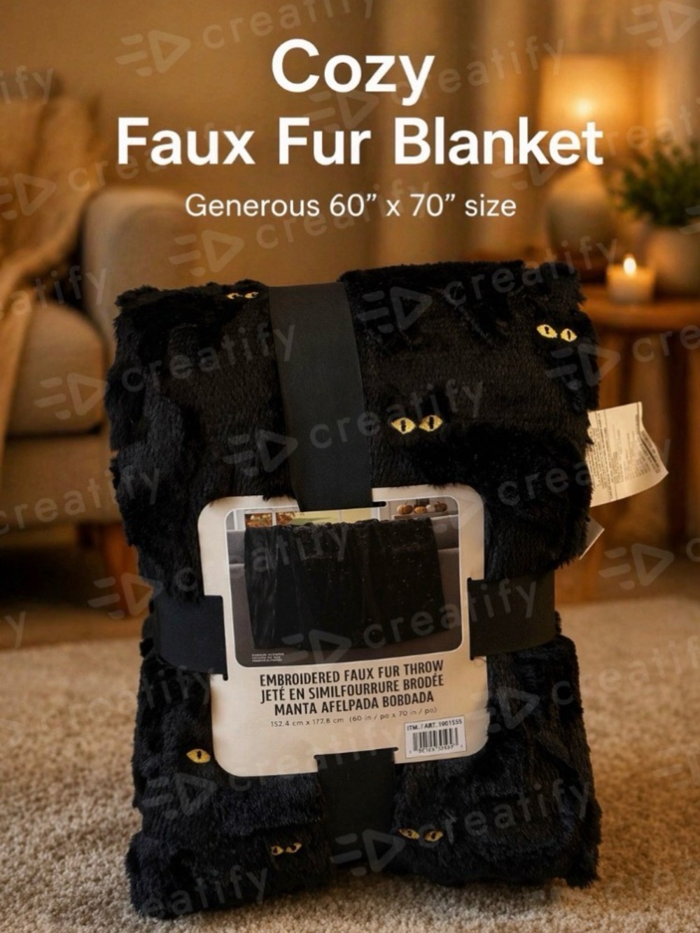 TIKTOK VIRAL from COSTCO- Black Faux Fur Throw with Yellow Eye Embroidery - CATS